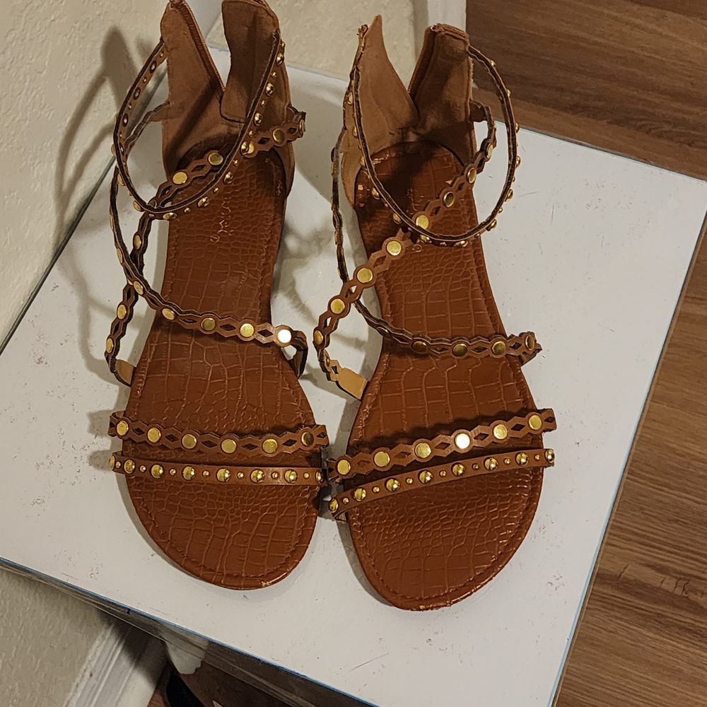 Brown Strappy Sandals with Gold Accents